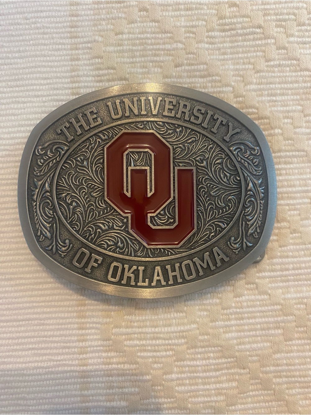 University of Oklahoma Oval Belt Buckle with Crimson OU Logo